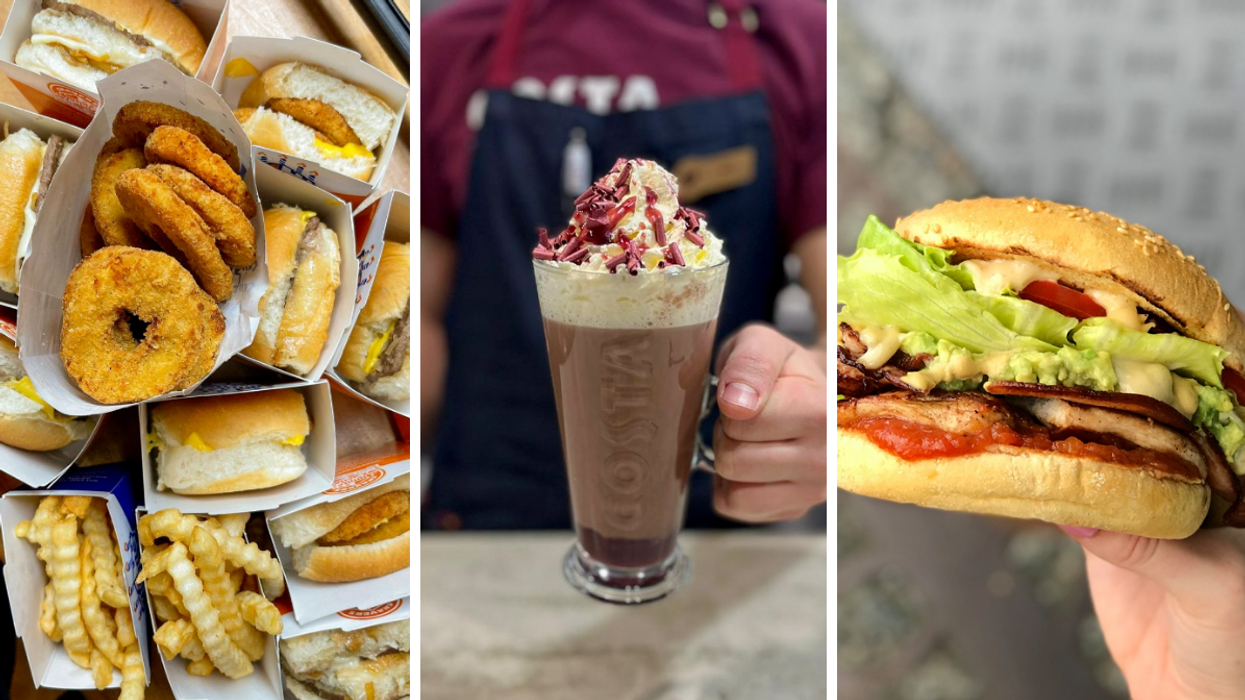 Sliders from White Castle. Middle: Hot chocolate from Costa Coffee. Right: A Burger from BurgerFuel.