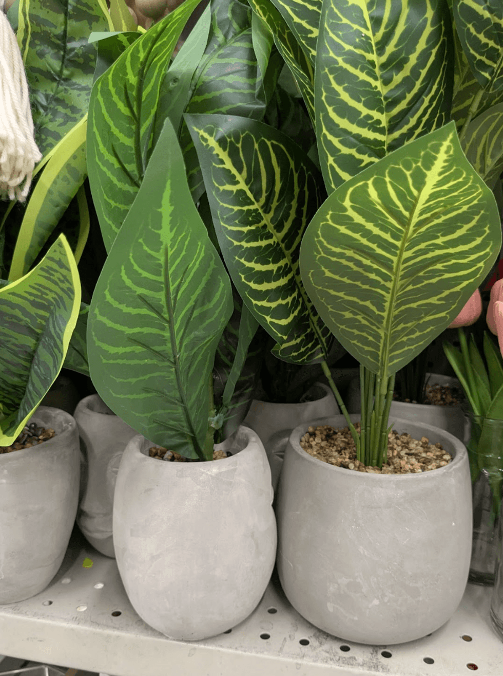 Small artificial green plants in minimalist stone pots