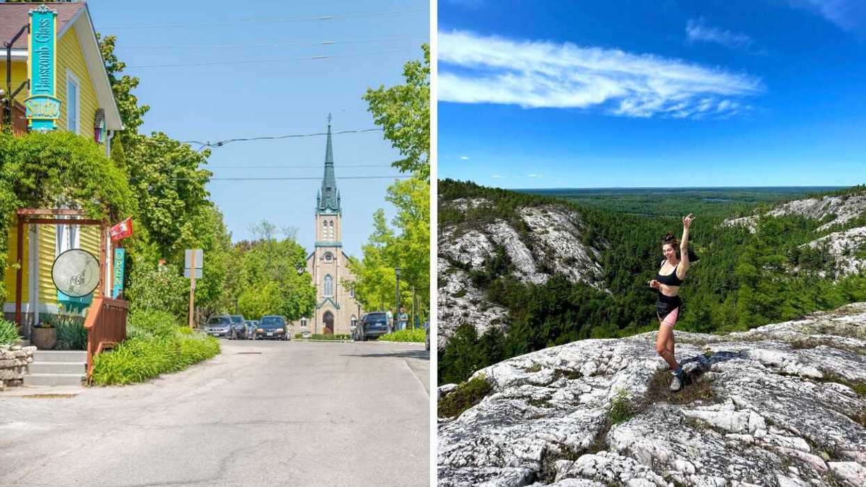 Small town street in Ontario lined with trees and small buildings. Right: A person standing in Ontario's wilderness.