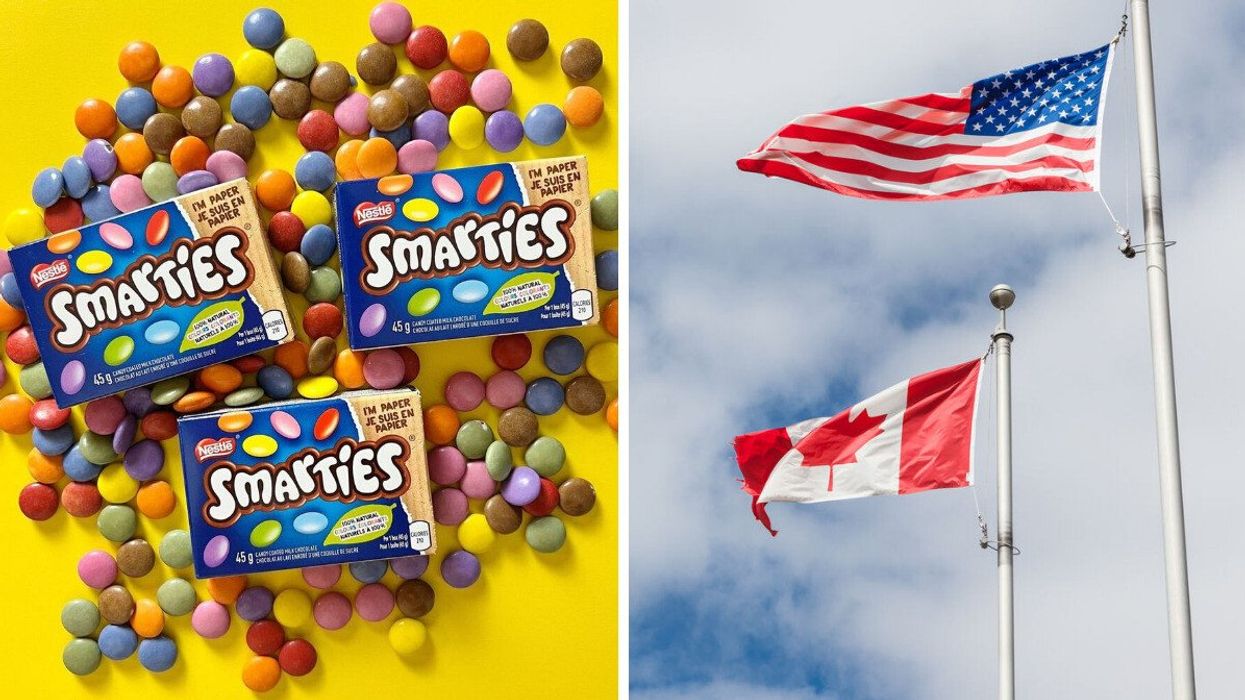 Smarties. Right: The American and Canadian flags.