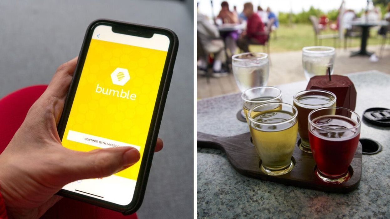 Smartphone with a Bumble dating icon. Right: Close-up shot of cider in Toronto.