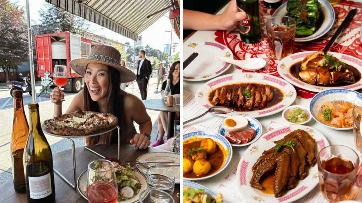 Smiling person holding wine glass with pizza. Right: Table with bok chop and roasted pork