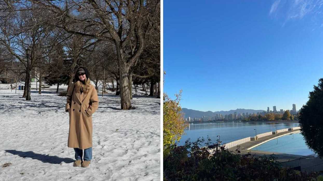 Smiling person in park covered in snow. Right: Blue sky, mountains, ocean and pool