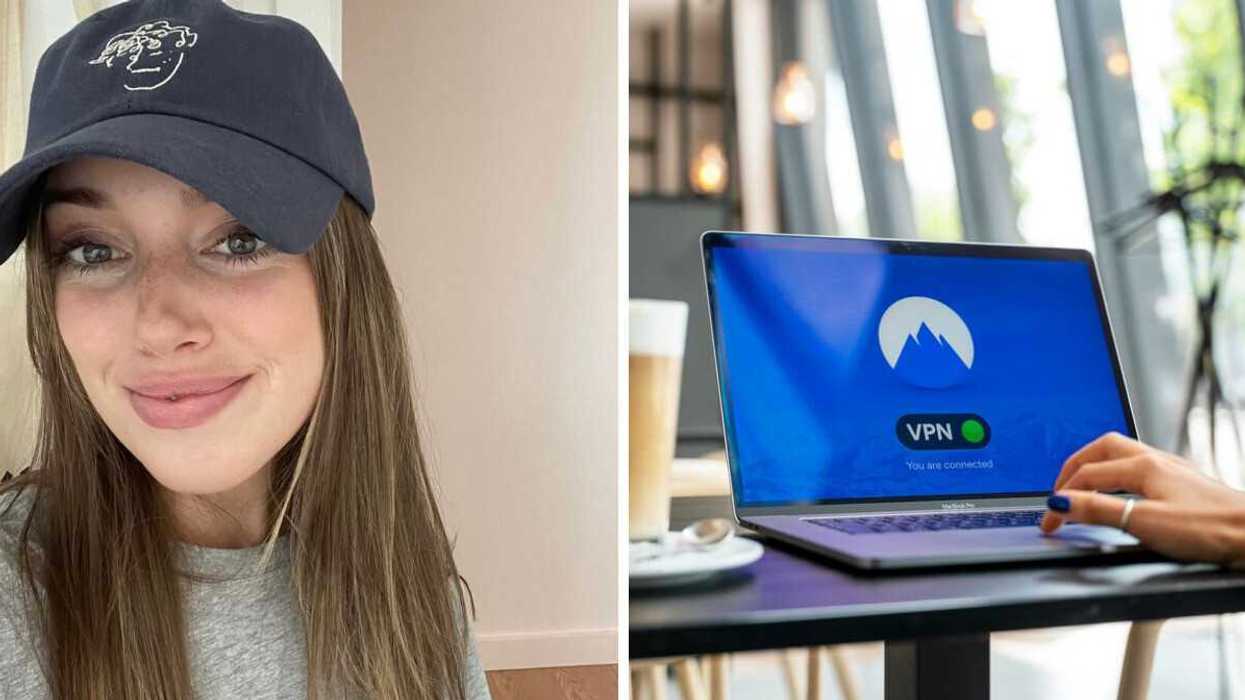Smiling person. Right: Laptop open to VPN connection.