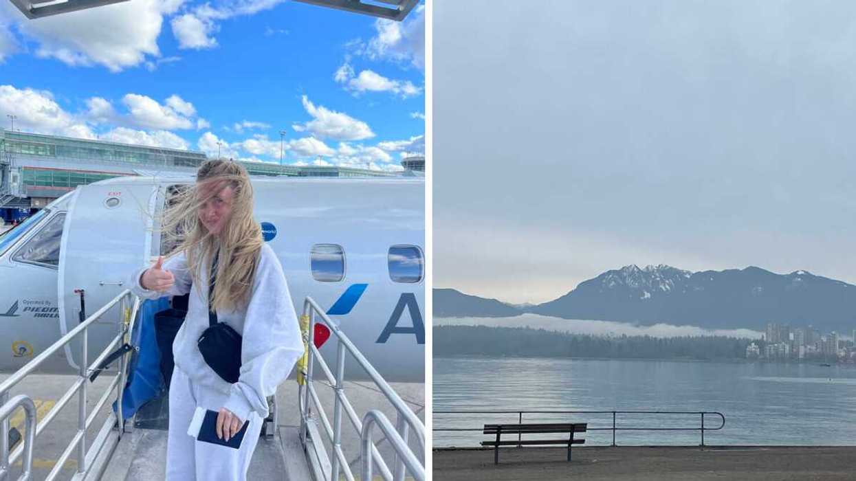 Smiling person thumbs up at airport tarmac. Right: Grey day with mountains and ocean.