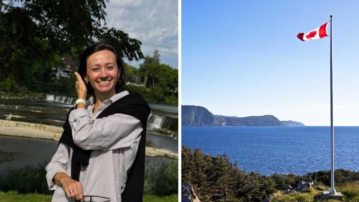 Smiling woman by a waterfall. Right: Canadian flag over ocean and coastal landscape.