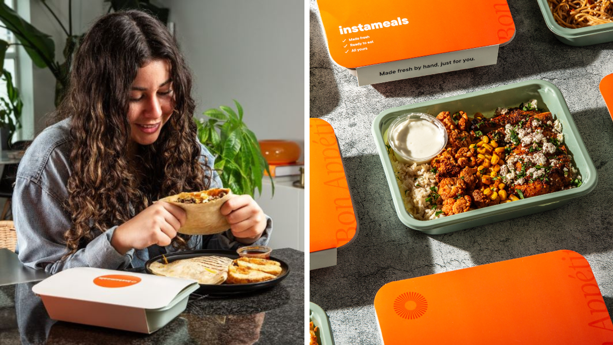 Smiling woman eating Instameals wrap at home beside a ready-to-eat meal container., Right: Instameals fresh prepared meal in green container with rice, veggies, and sauce on a countertop.
