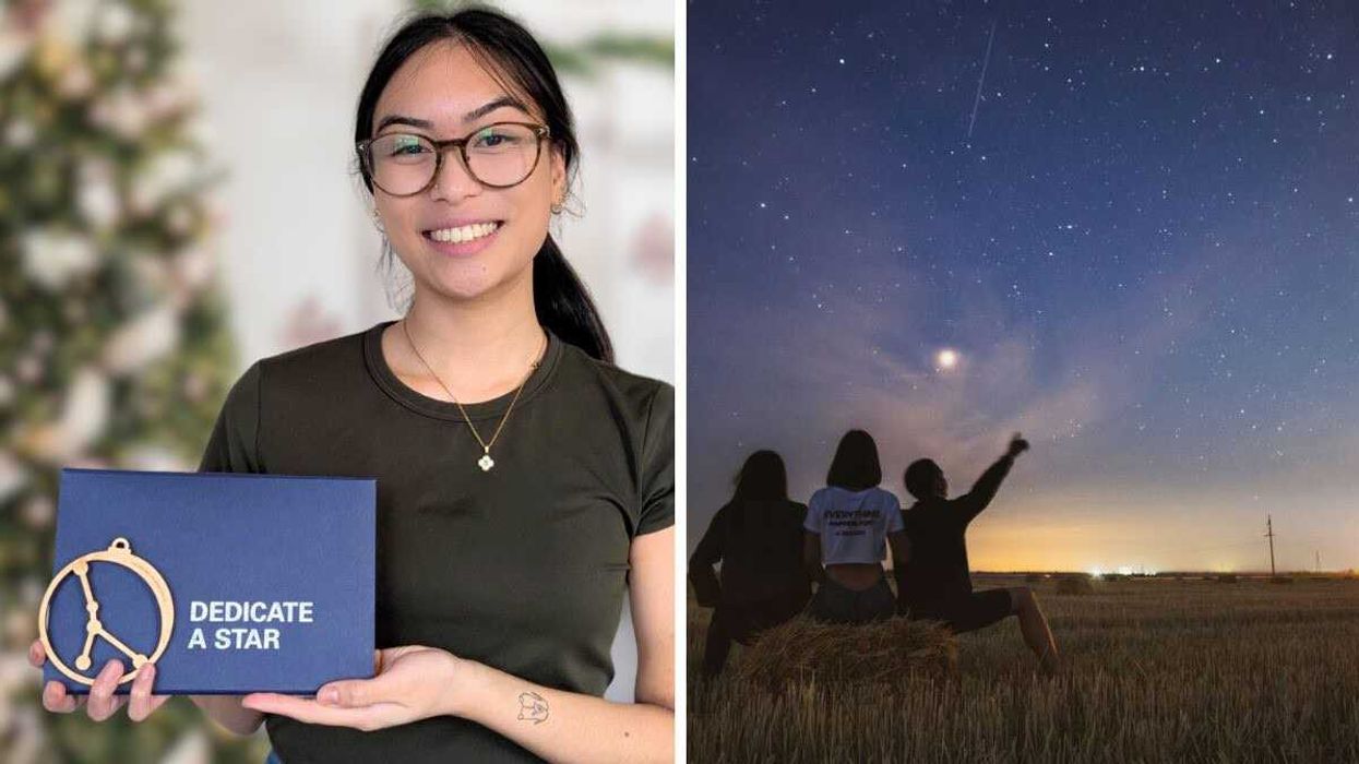 Smiling woman holding star gift. Right: Friends stargazing at night.