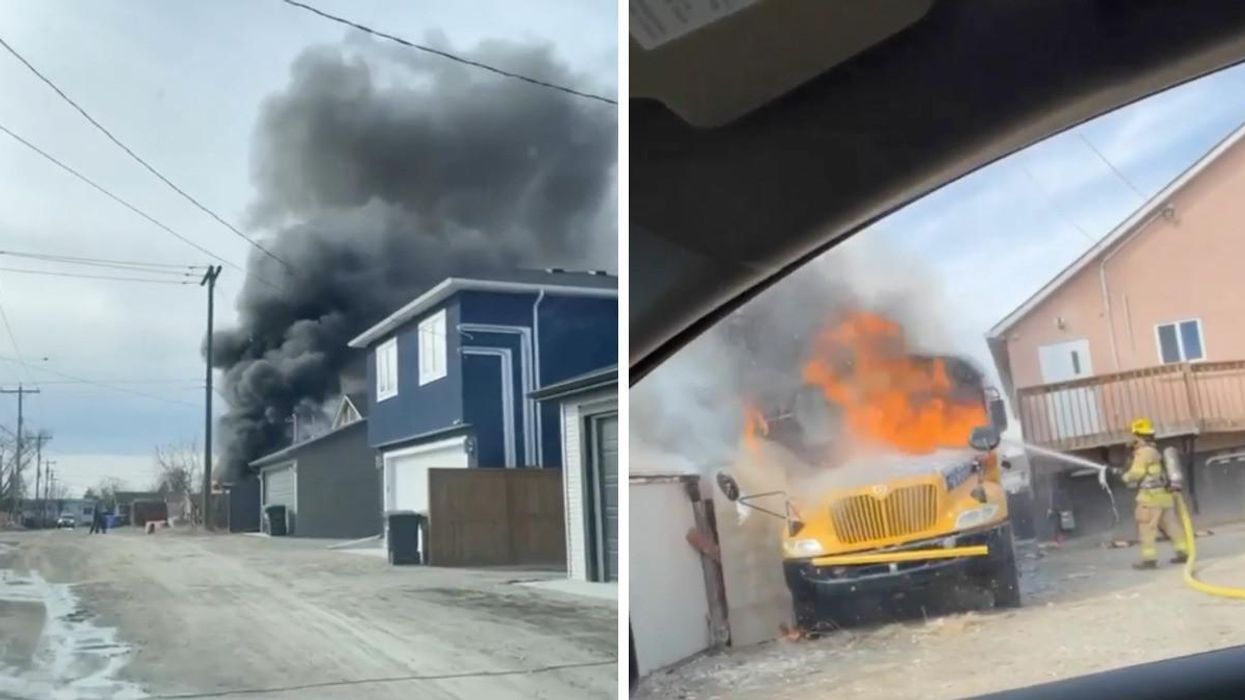 Smoke coming from the school bus. Right: Firefighters extinguishing the school bus fire.