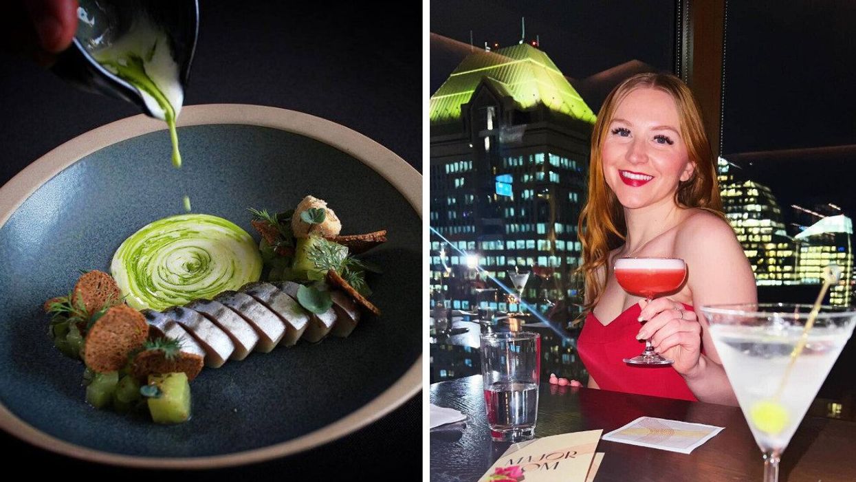Smoked mackerel at änkôr in Canmore. Right: Person holding a cocktail at Major Tom Bar