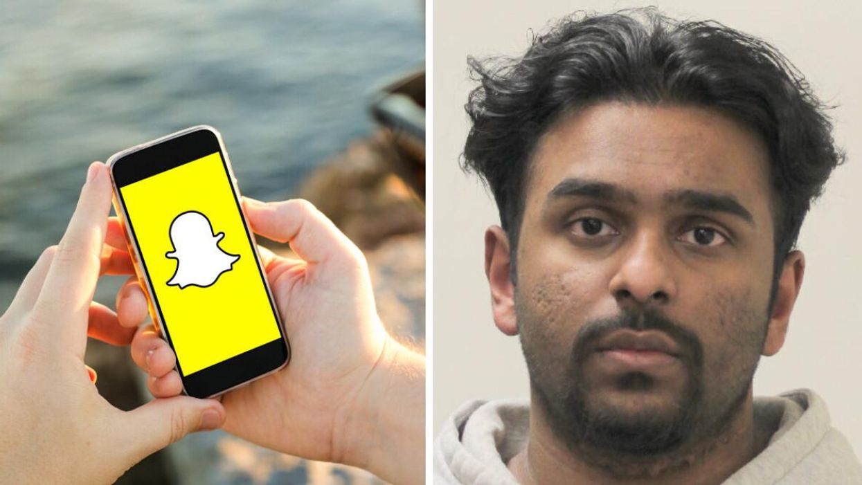 Snapchat on a phone. Right: Imesh Ratnayake.