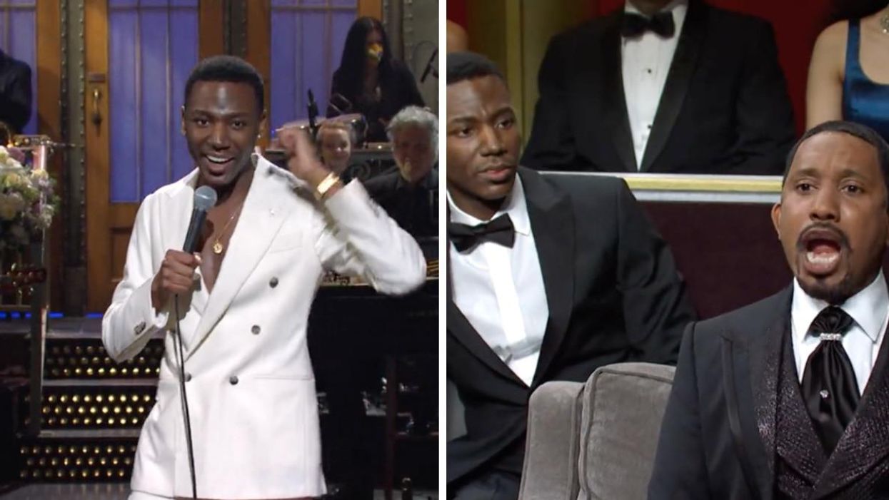'SNL' host Jerrod Carmichael. Right: An 'SNL' skit.