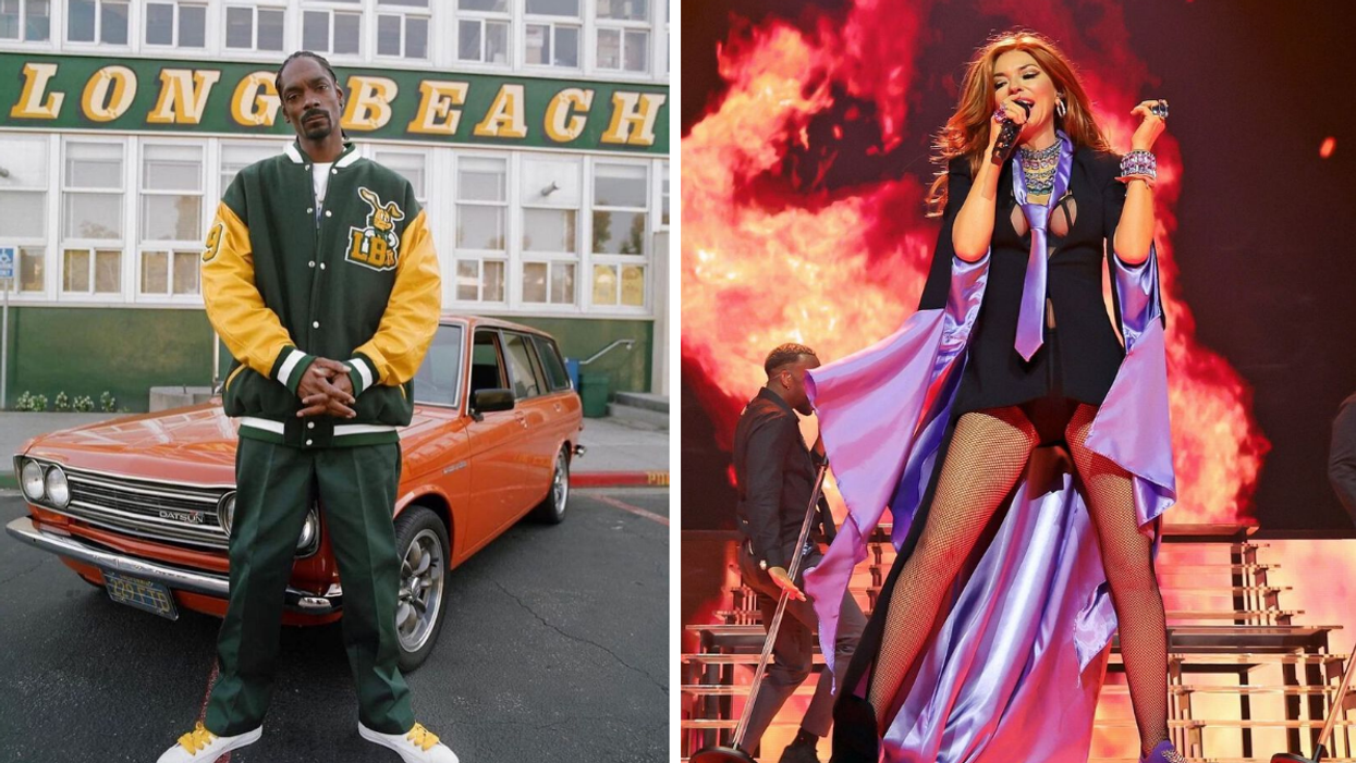Snoop Dogg in front of a car. Right: Shania Twain singing on stage.