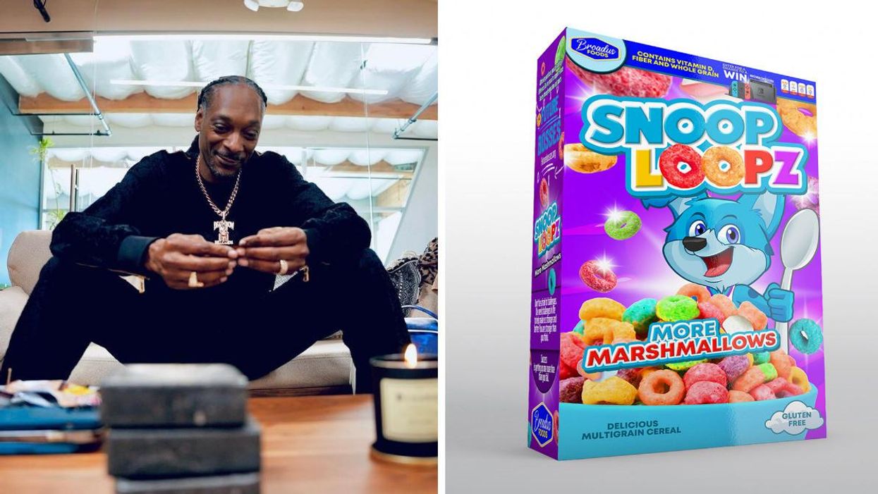 Snoop Dogg. Right: A box of Snoop Loopz cereal.