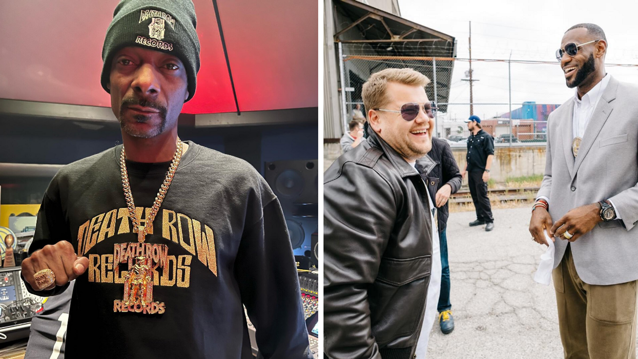 Snoop Dogg showing his ring to the camera in a "Death Row Records" sweater. Right: James Corden laughing with LeBron James outside.
