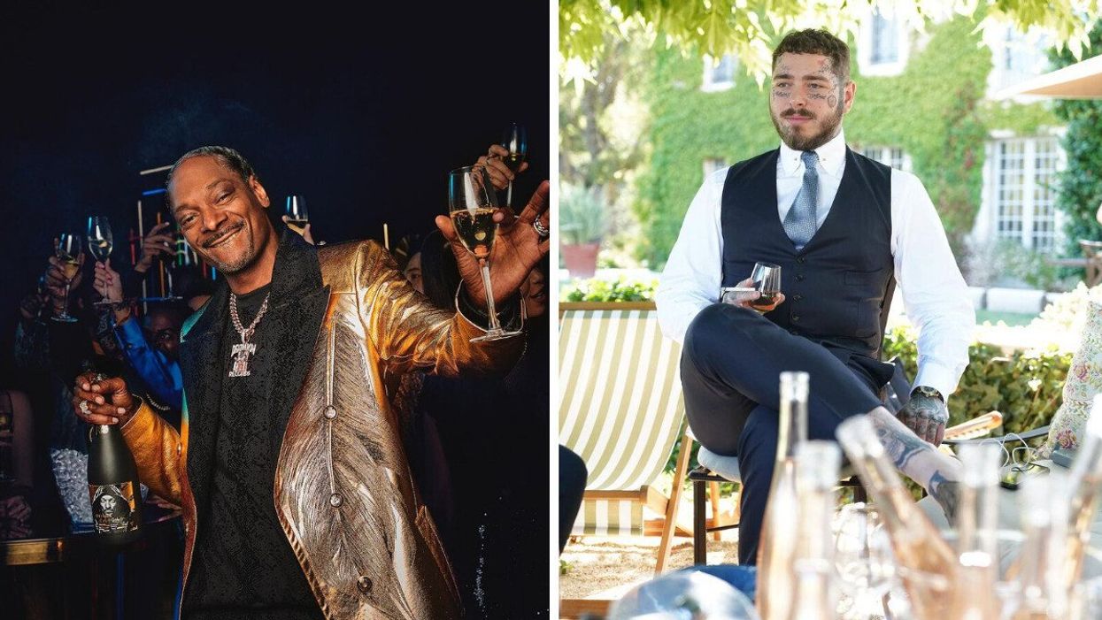 Snoop Dogg with one of his wines. Right: Post Malone drinking a glass of wine.