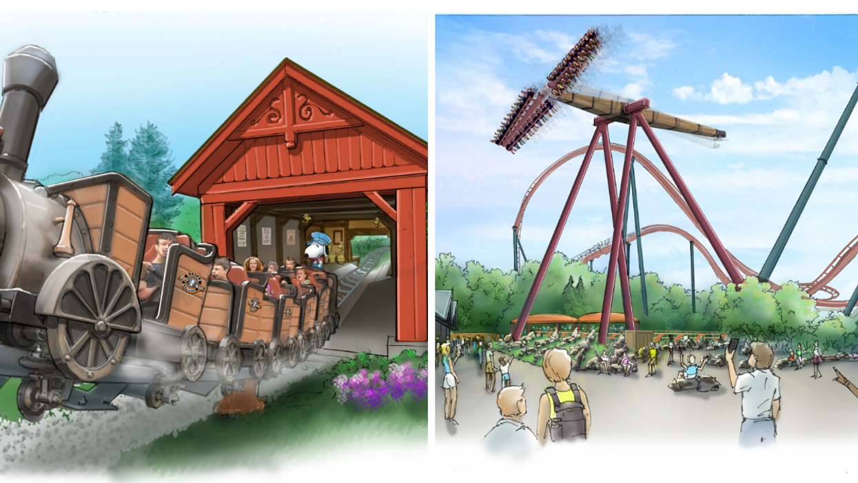 Snoopy's Racing Railway. Right: The Tundra Twister that will be at Canada's Wonderland in 2023.