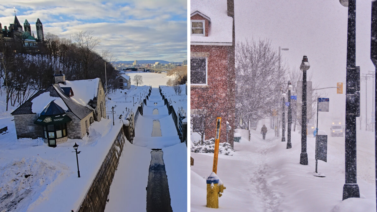Snow along the Rideau Canal and Ottawa River. Right: Snow storm in an Ottawa neighbourhood.