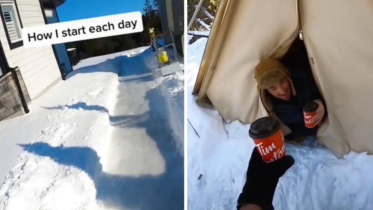 Snow and ice in a backyard. Right: A person in a tent receiving a Tim Hortons beverage.