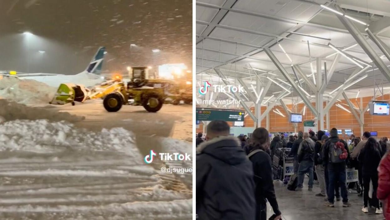 Snow at Vancouver Airport. Right: People waiting at Vancouver Airport.