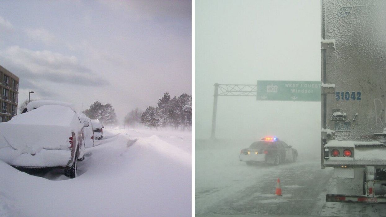 Snow covered cars in Ontario. Right: a shut down road near Windsor.