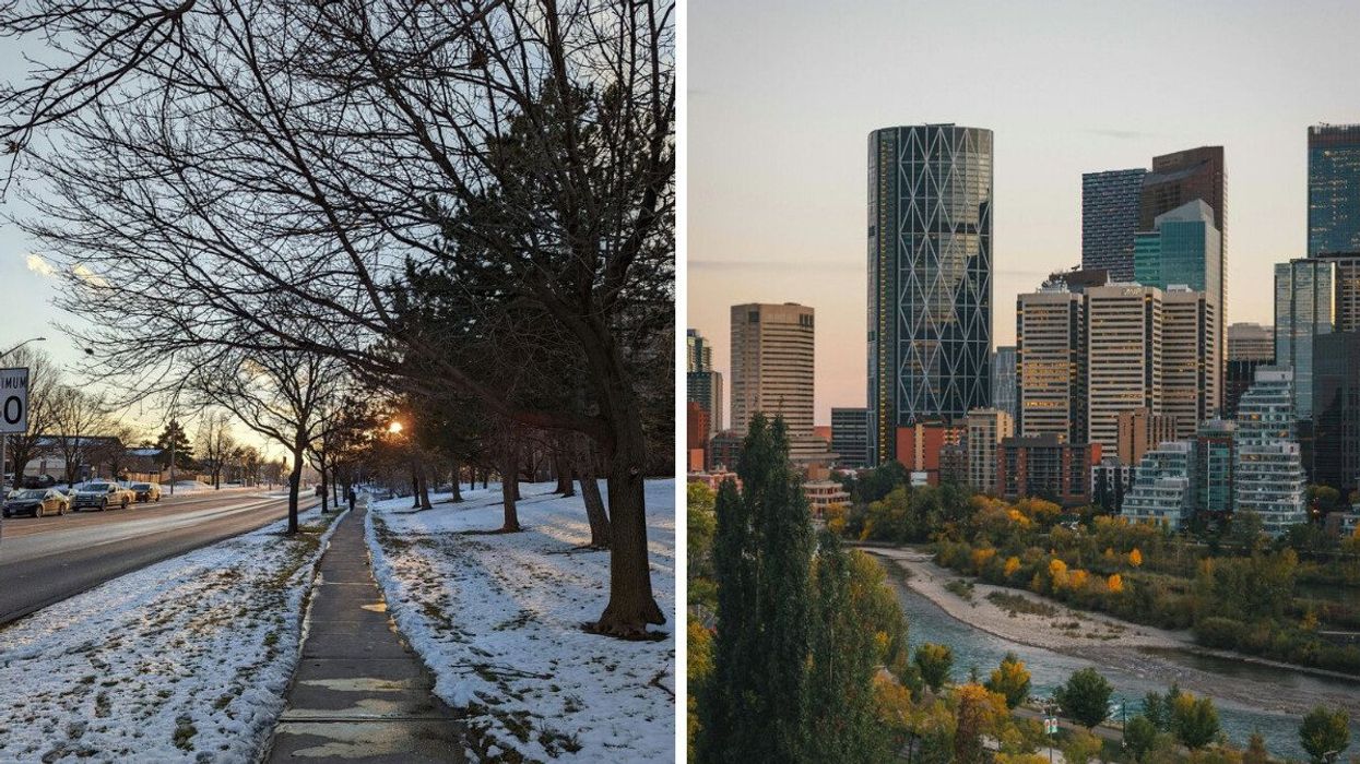 snow covered grass along a street in brampton, ontario. right: calgary skyline during fall with orange trees