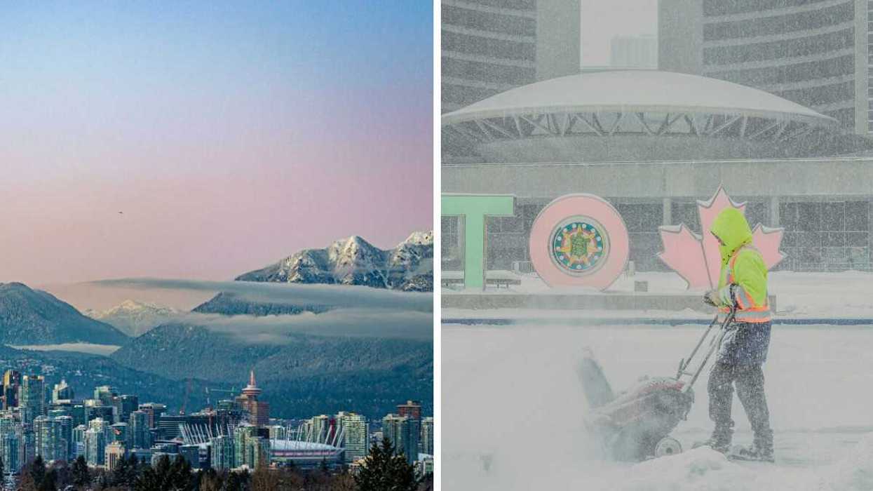 snow-covered mountains behind vancouver skyline. right: person with snowblower in toronto during snowstorm