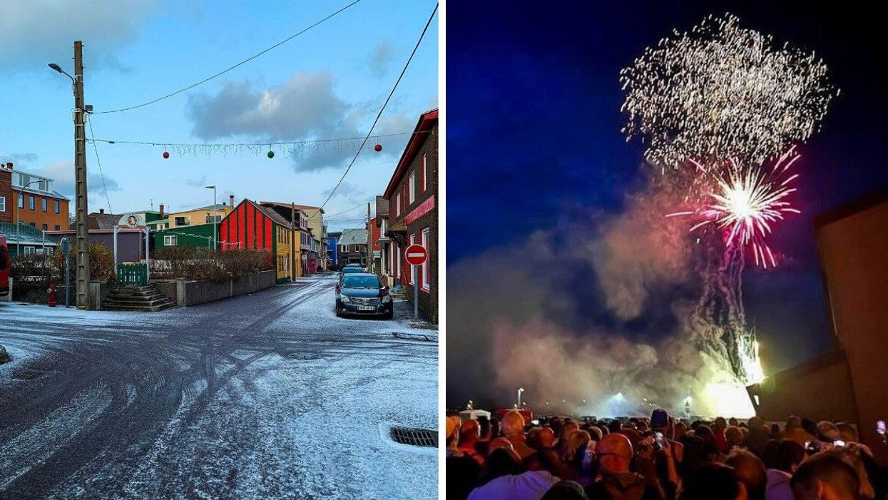 snow-covered street with cars in saint pierre and miquelon. right: people watching fireworks in the sky over saint pierre and miquelon