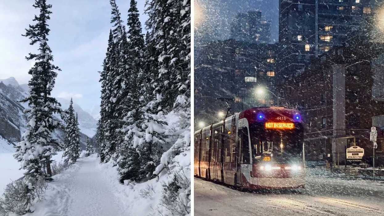 snow covered tree and path along mountains in lake louise alberta. right: red streetcar in snowstorm in toronto