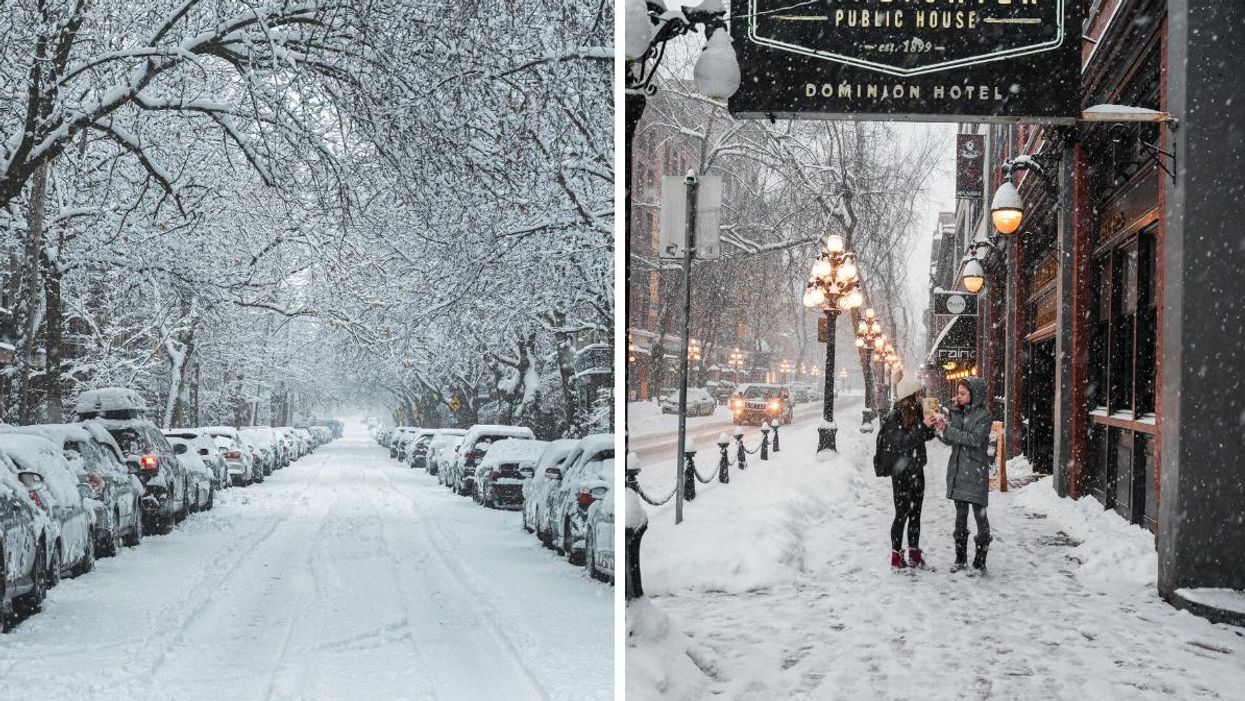 Snow covered trees and cars on a street in Montreal. Right: People standing on a snowy street in Vancouver.