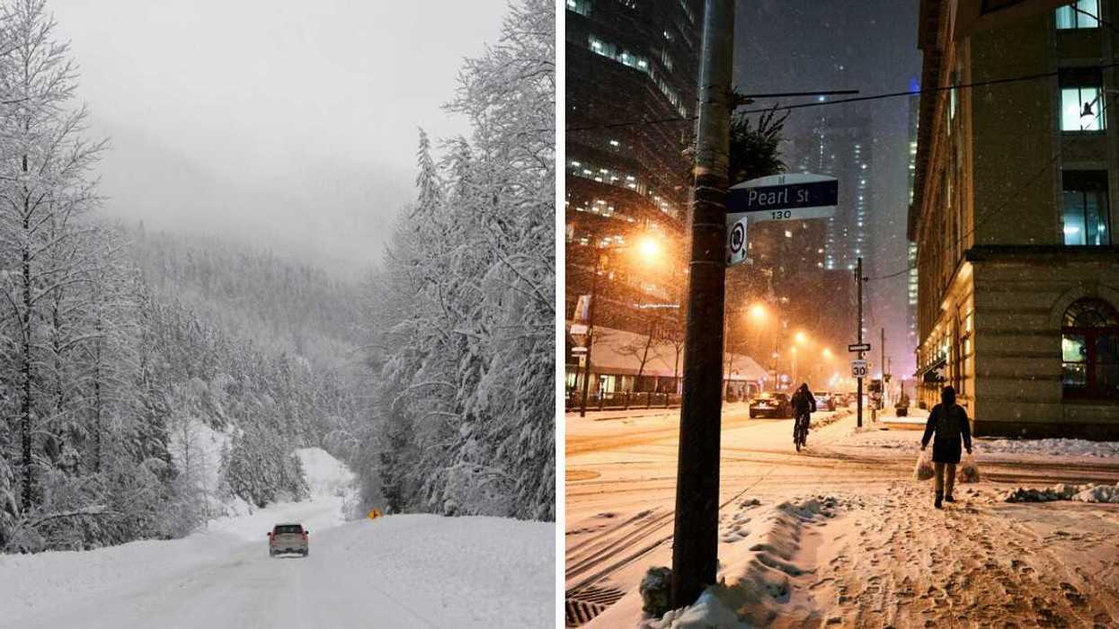 snow covered trees and road in nelson bc. right: people walking and cycling on toronto street during snowfall