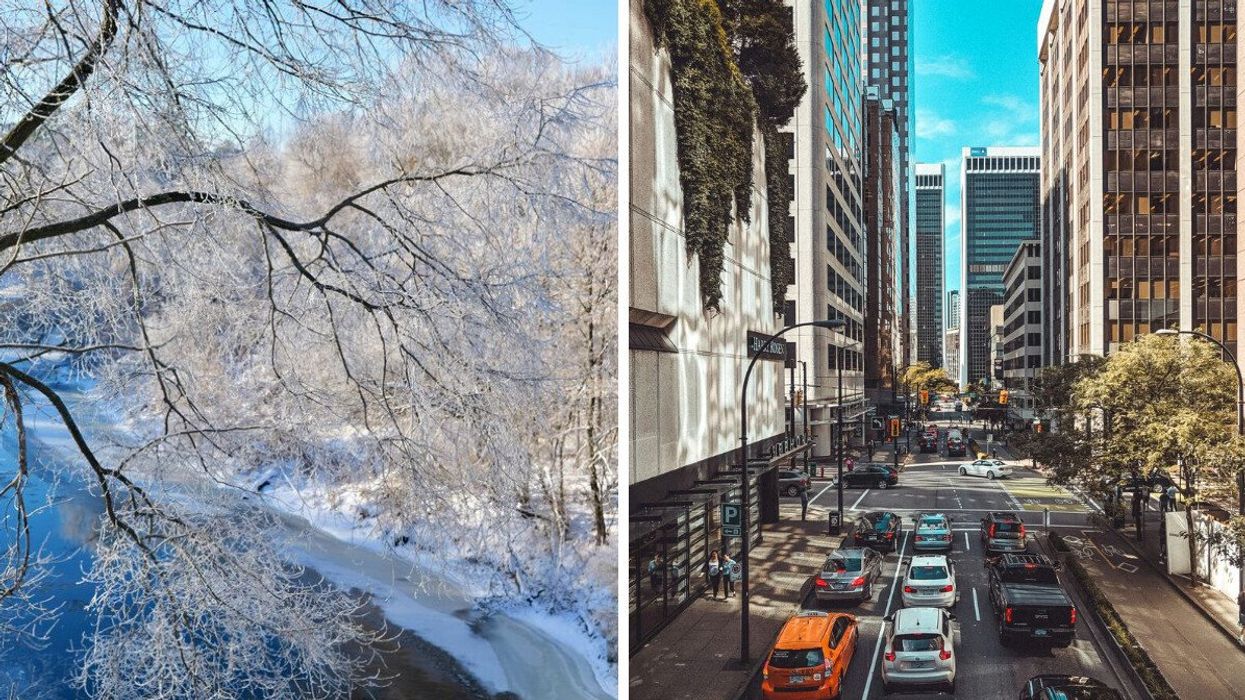 snow-covered trees in ontario. right: sunny street in bc