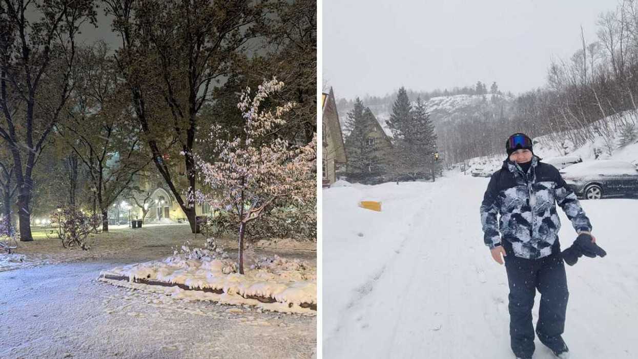 Snow covered trees with Toronto's Metropolitan United Church in the background. Right: Narcity's Tomás Keating standing in the snow at Mont-Tremblant, QC.