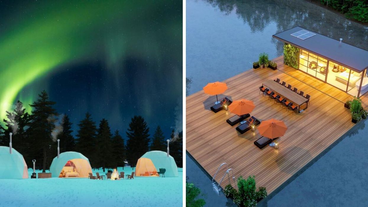 Snow domes under Northern lights. Right: Rendering of the water villa.