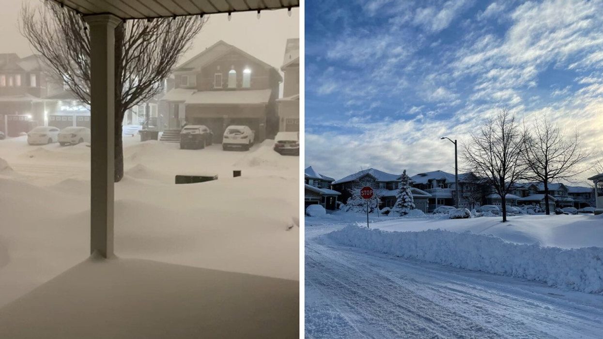 Snow falling in a neighbourhood in Ontario during the snowstorm on March 3. Right: Snow-covered neighbourhood in Ontario after the storm.