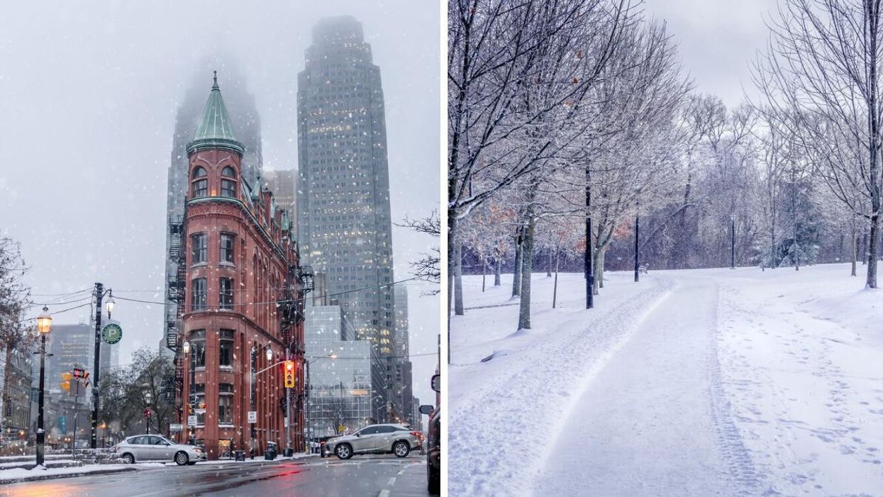 Snow falling in downtown Toronto. Right: Snow covered path and trees in Ontario.