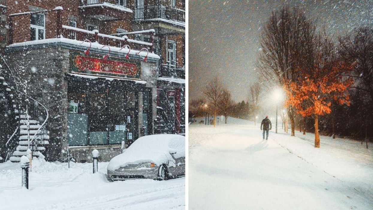 Snow falling in Montreal. Right: Person walking while it snows in Toronto with autumn leaves still on trees.
