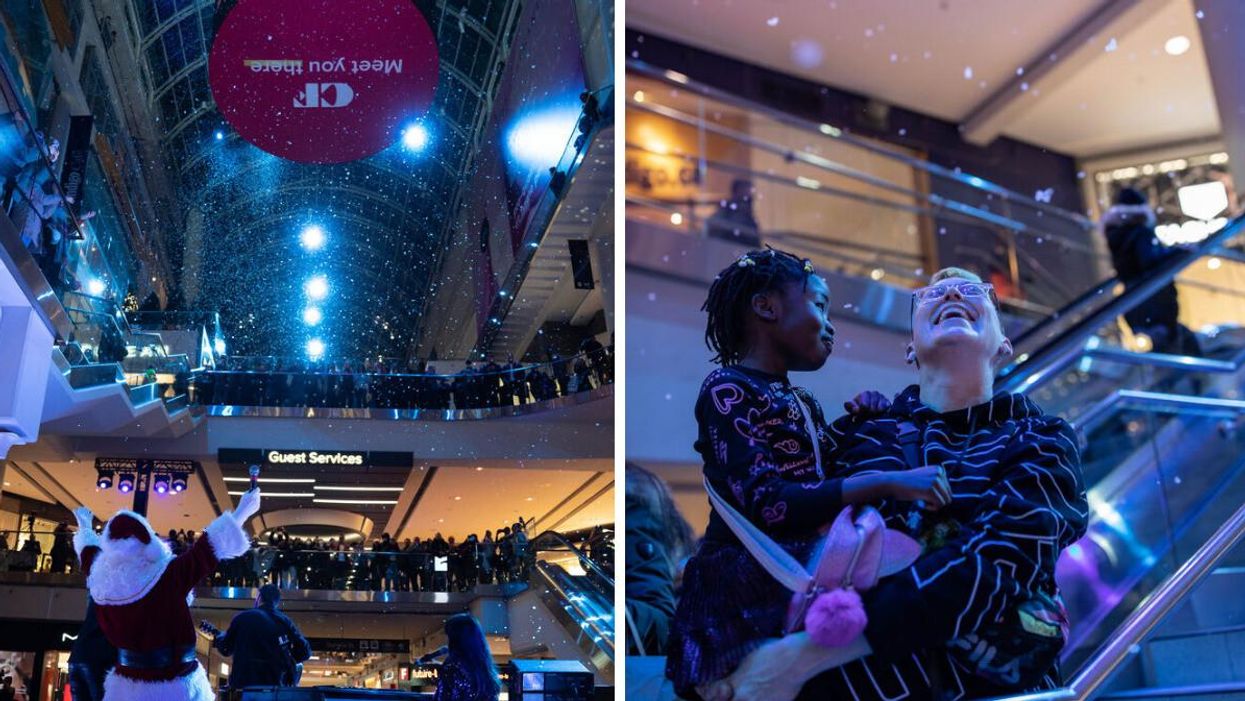 Snow falling inside the Eaton Centre. Right: Two people enjoying the snow.