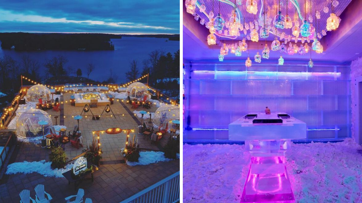 Snow globes on a winter patio by a lake. Right: Ice bar with neon skull lights.