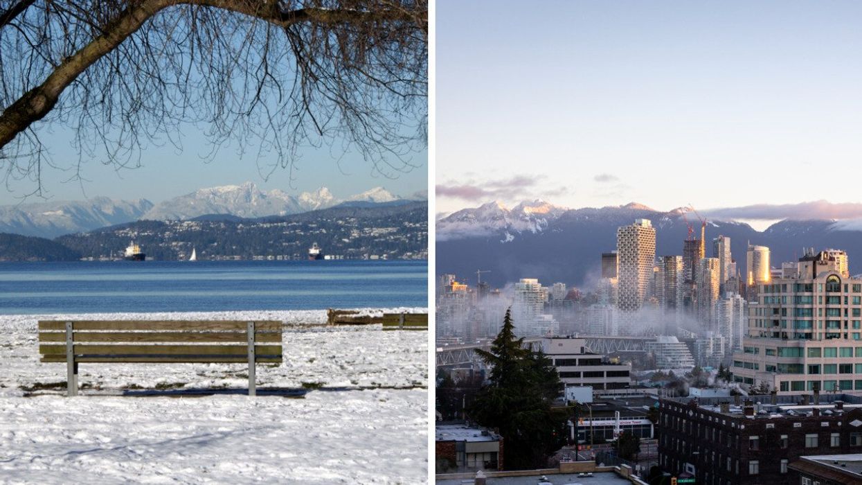 Snow in a city park. Right: A city in the winter.