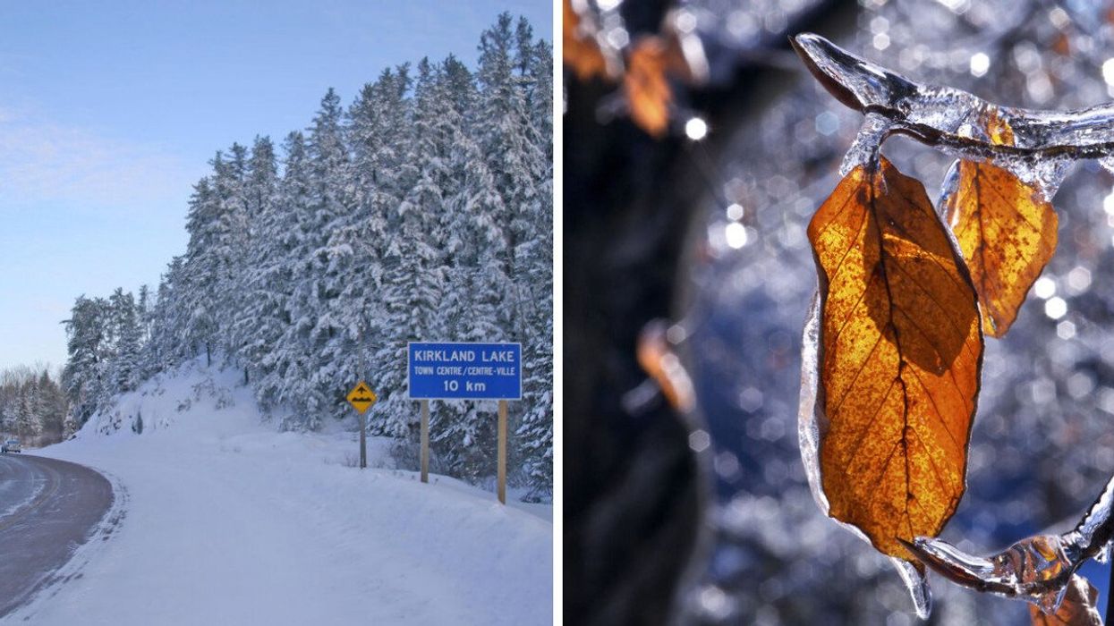 Snow in northern Ontario. Right: Leaves in Ontario after freezing rain.