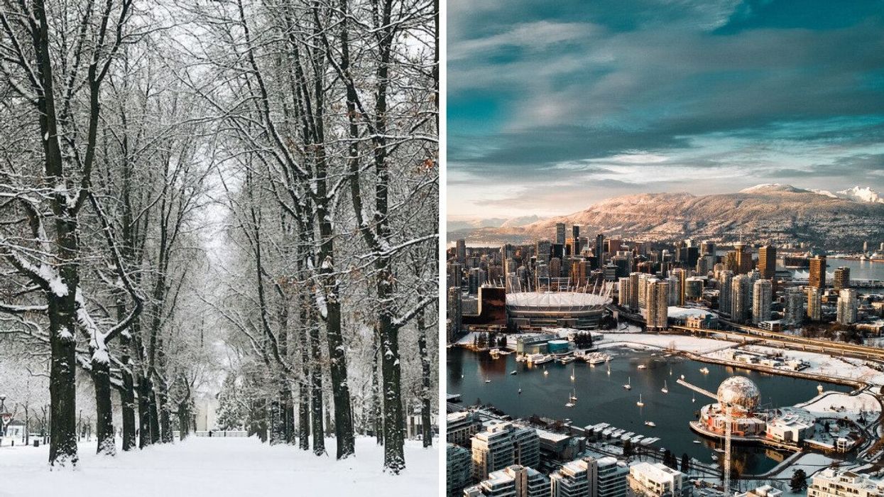 Snow in Vancouver. Right: Vancouver's harbour in winter.