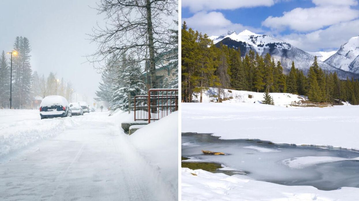 Snow on a street. Right: Snow in the mountains.