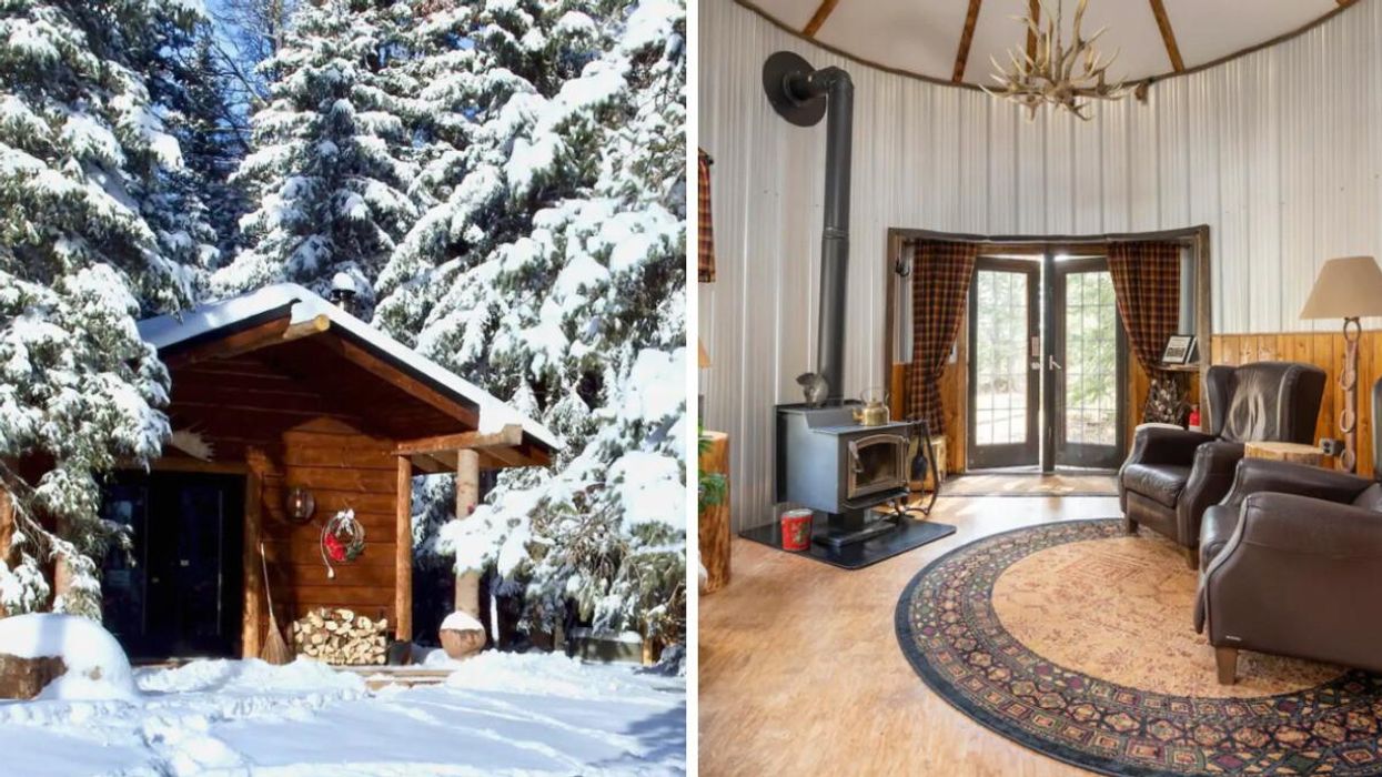 Snow outside a cabin. Right: Inside one of the cabins.