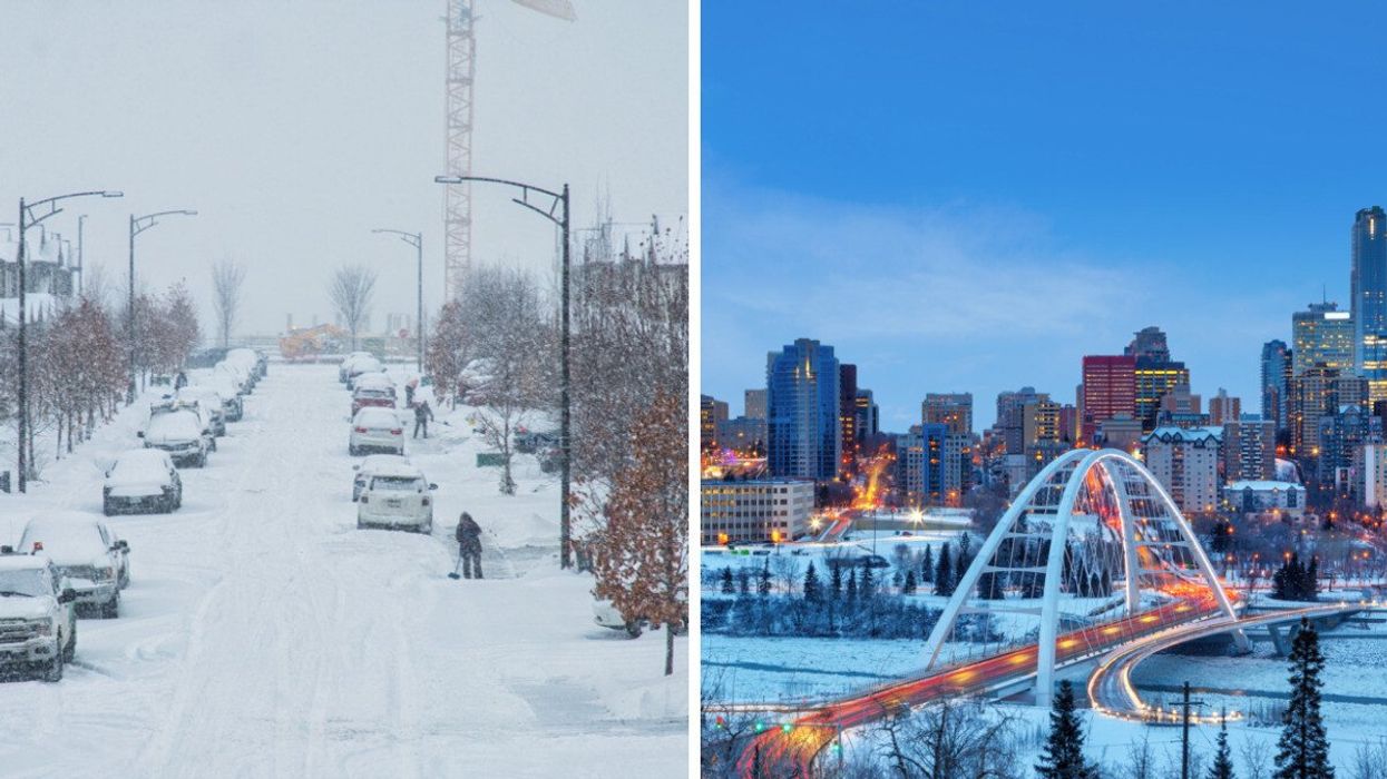 Snow storm on a street. Right: Edmonton city.