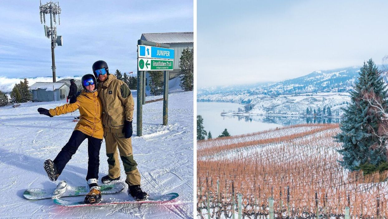 Snowboarders at Apex Mountain. Right: A snowy vineyard.