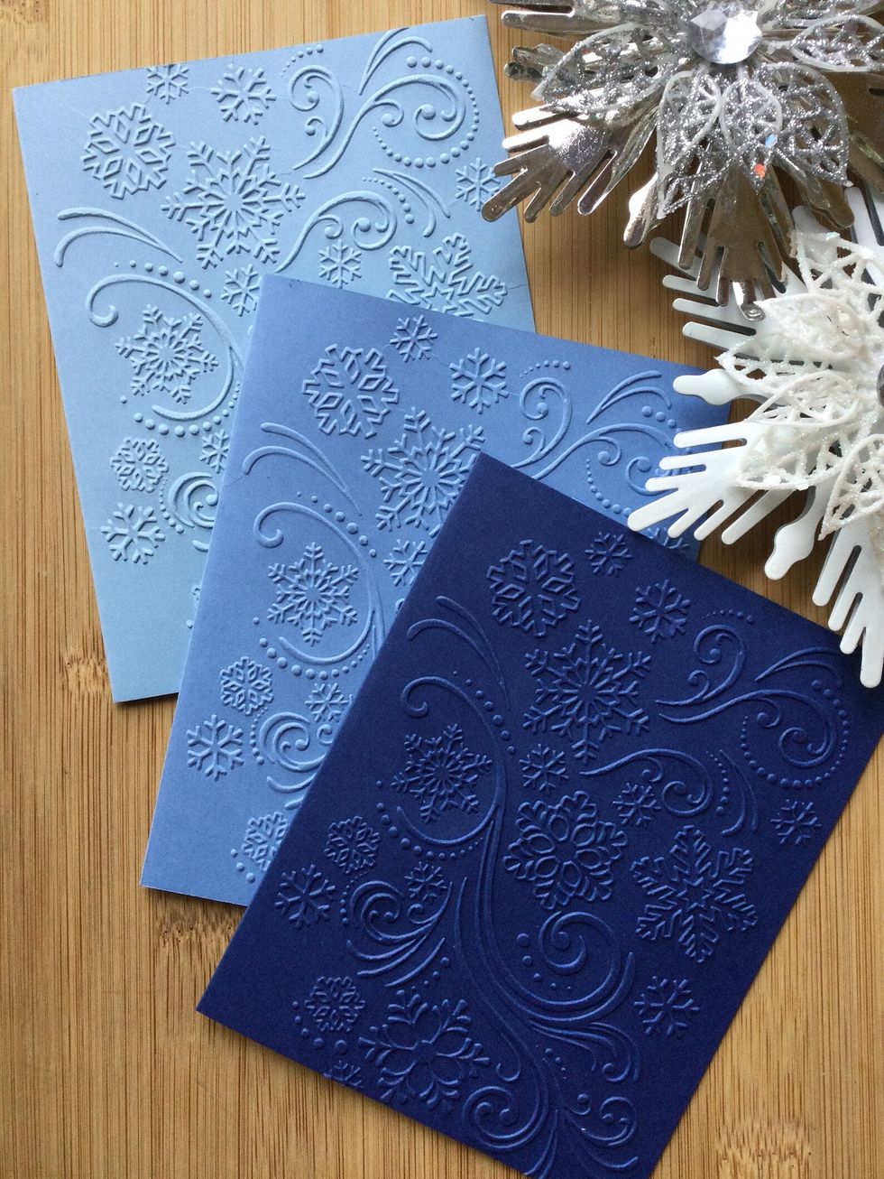 Snowflake Swirl Embossed Handmade Notecards in Various Colour Sets on Etsy Canada.