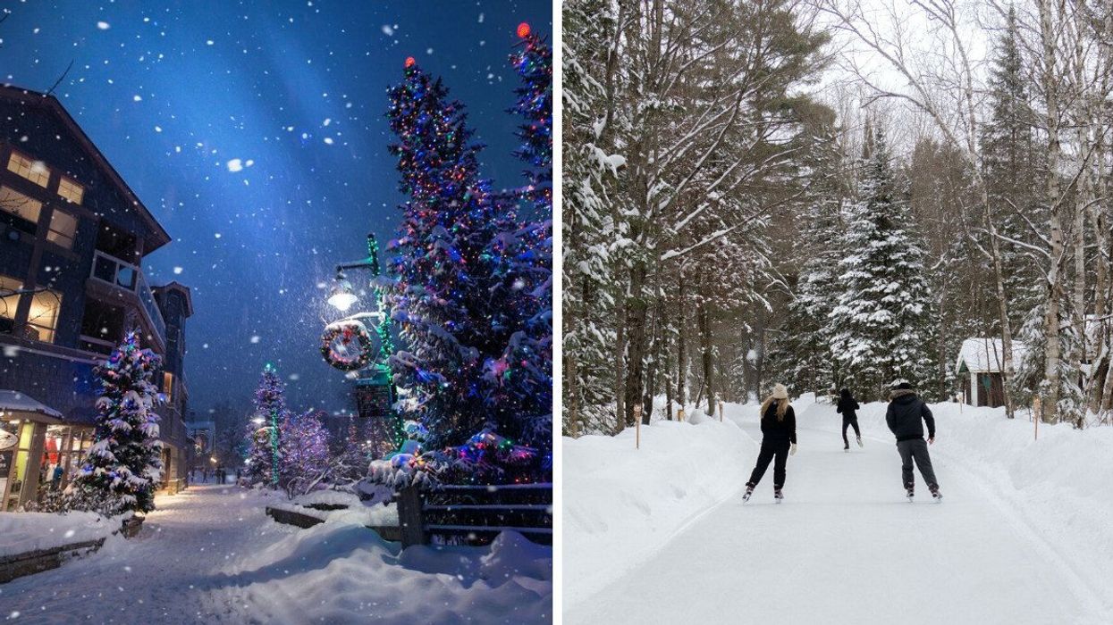 Snowy Christmas trees are seen at night in B.C. Right: Three people skate on a snowy trail in a forest.
