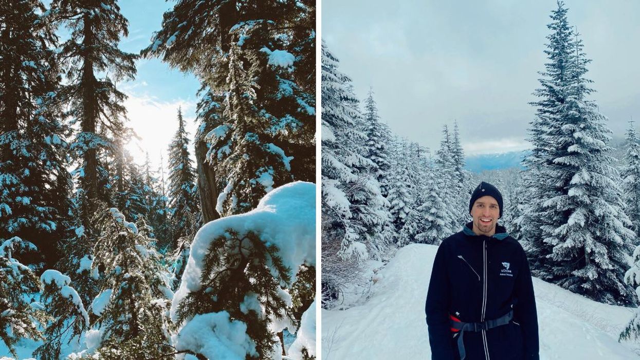 Snowy trees in B.C. Right: Person hiking in B.C. during the winter.