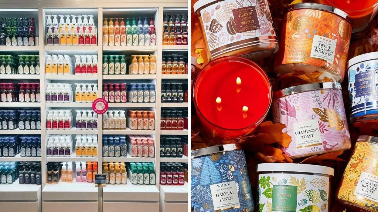 soaps on shelves in a bath and body works store. right: bath and body works three wick candles